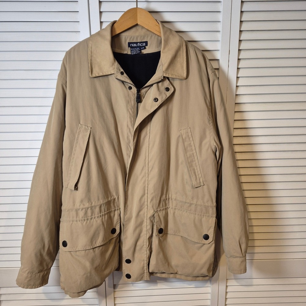 Vtg 90s Y2K Nautica Jacket Men's L Beige Khaki Zip Out Fleece Liner Casual‎ Coat